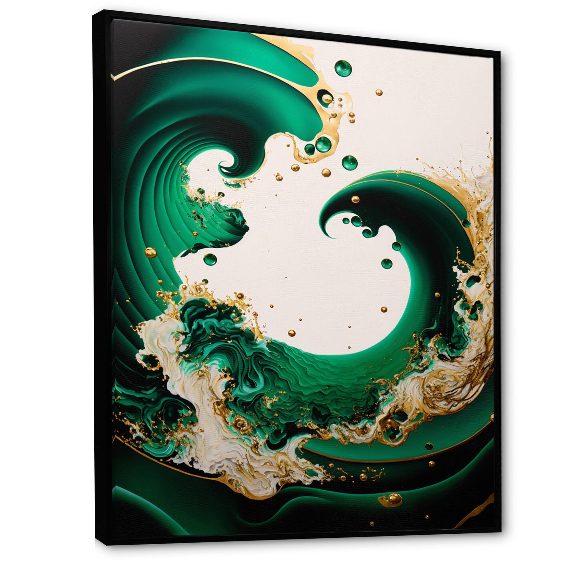 Designart "Emerald Green And Gold Abstract Waves I" Modern Framed