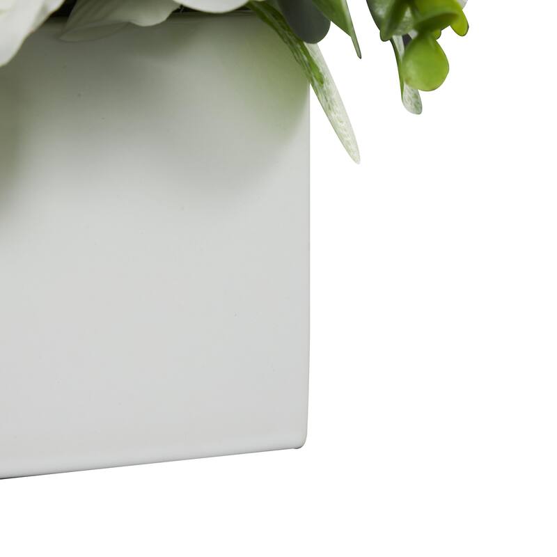 White Fabric Artificial Flower with Green Leaves and Square Ceramic Vase