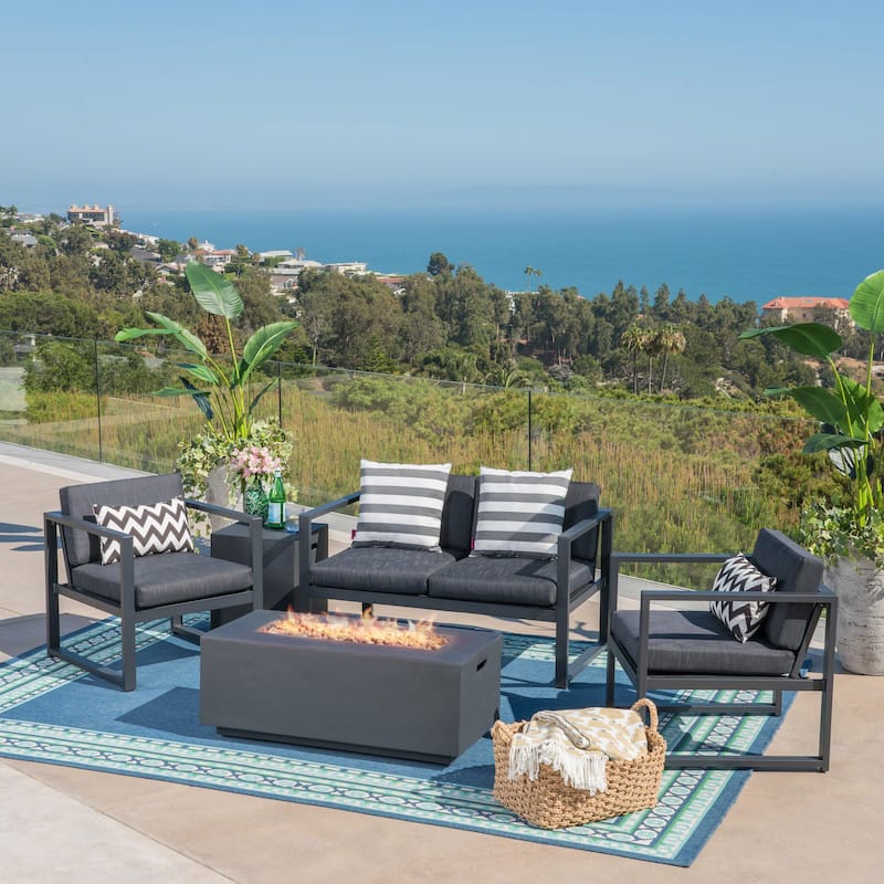 Camiguin Outdoor 4 Seater Aluminum Chat Set with Light Weight Concrete Fire Pit by Christopher Knight Home - Dark Grey Fire Pit