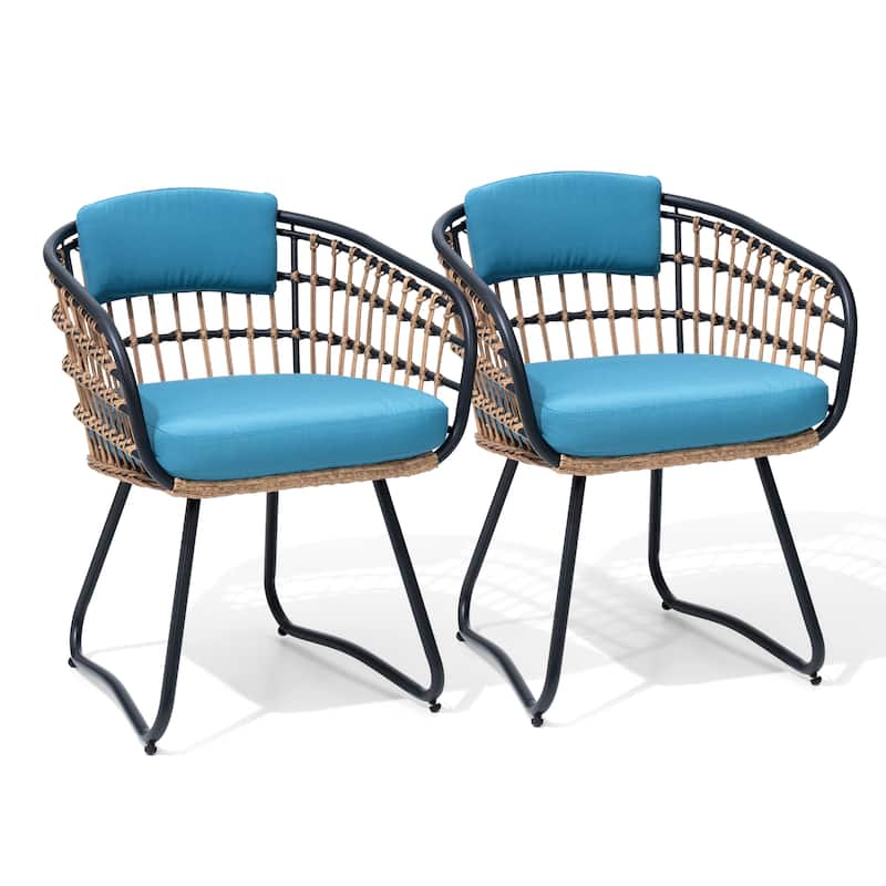 Outdoor Wicker Chairs Patio Dining Chairs Cushioned PE Rattan Seating Set - Blue, 2PCS