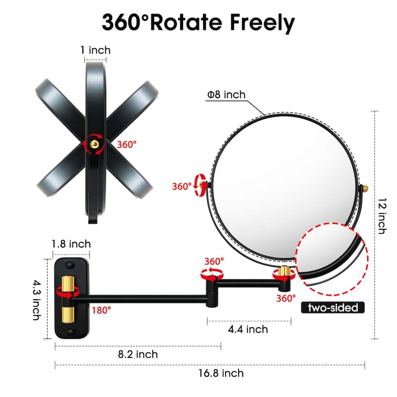 Two-Sided 1X/10X Magnifying Wall Mounted Makeup Mirror, 8-Inch Round Bathroom Vanity Mirror with 360° Swing Arm