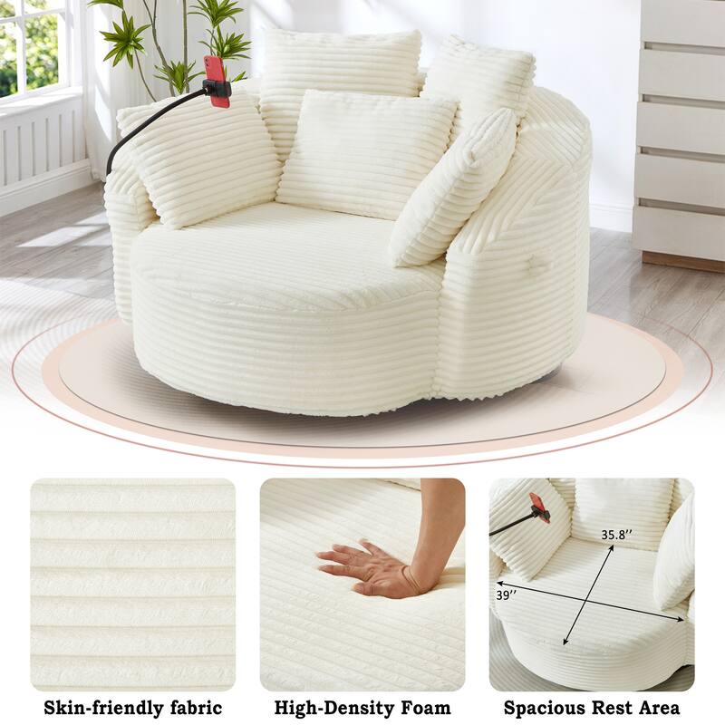 Roomfitters 360 Swivel Barrel Accent Chair with Adjustable Phone Holder and 5 Throw Pillows, Corduroy