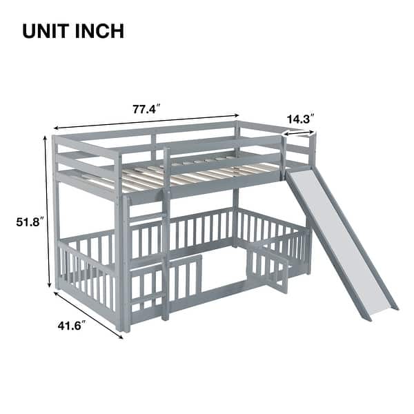 dimension image slide 1 of 3, Twin Over Twin Floor Bunk Bed with Slide, Ladder, Door, Safety Guardrails