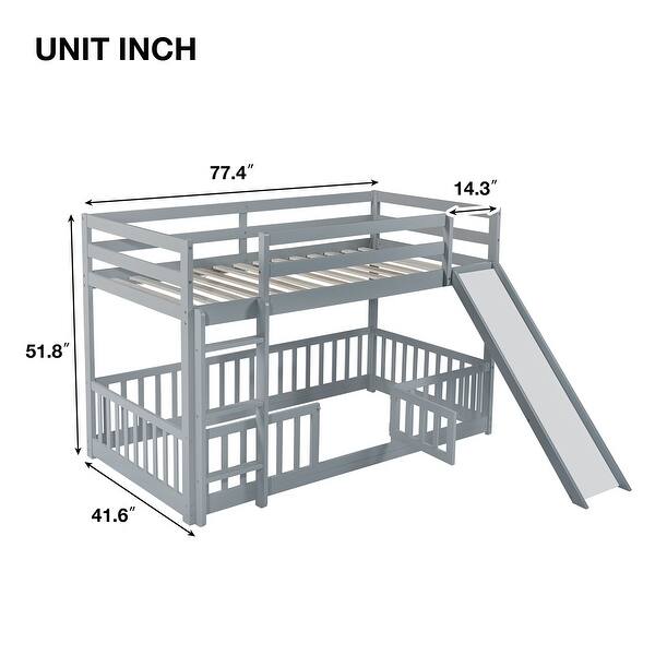 Twin over Twin Size Wooden Bunk Bed with Slide & Ladder & Door, Safety Guardrails Floor Bed, White