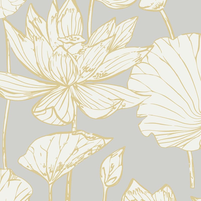 Seabrook Designs Water Lily Floral Non-Woven Unpasted Wallpaper - 20.9 in. W x 33 ft. L - 20.9 in. W x 33 ft. L - Metallic Gold & Grey