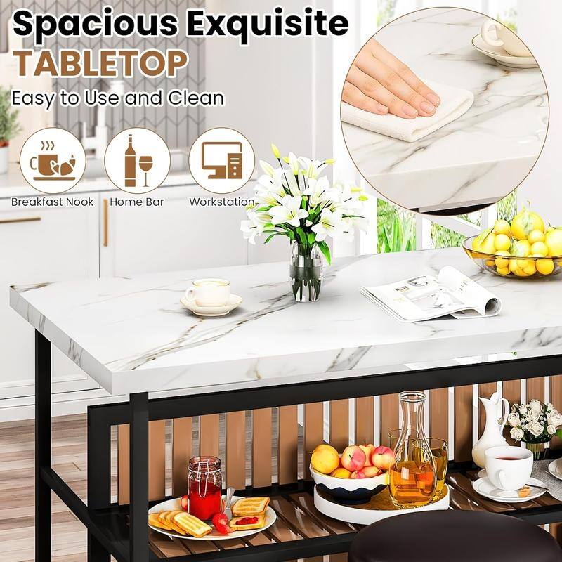 Grondin Mid-Century Modern 3-Piece Faux Marble Top Kitchen Island Set with 2 Stools and Shelves