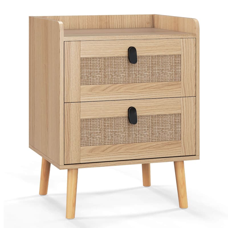 Costway Modern Nightstand End Bedside Table with 2 Rattan Drawers & - See Details