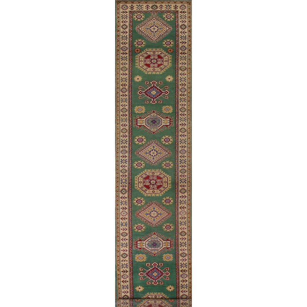 Traditional Green Kazak Runner Rug Hand-Knotted Wool Carpet - 2'8" x 16'4"