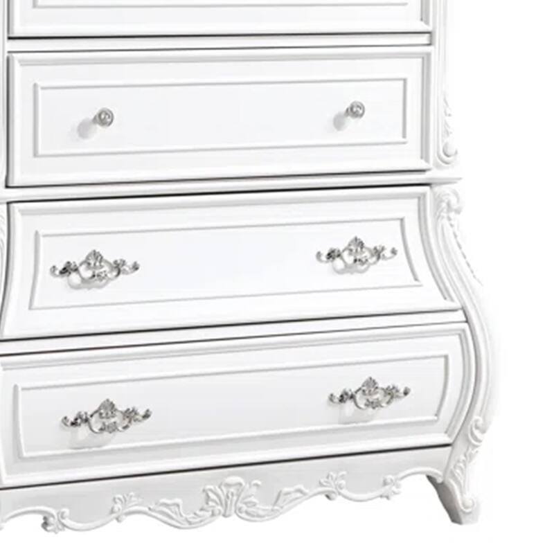 Valena Tall Dresser Chest, 5 Drawers, White Solid Wood, Metal Handles
