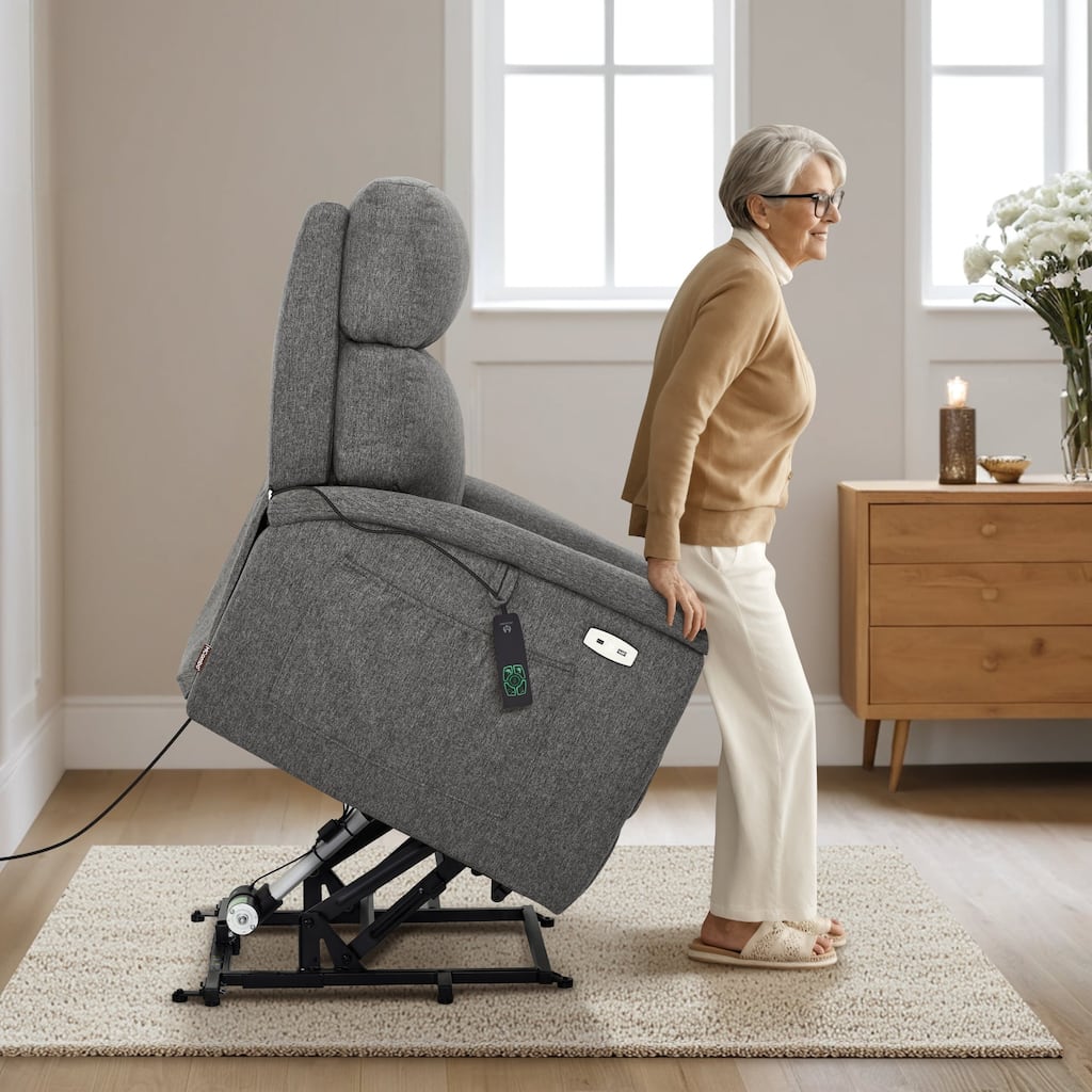 MCombo Power Recliner Lift Chair with Massage, Dual Heating and Adjustable Headrest for Big Elderly People, Fabric R7605