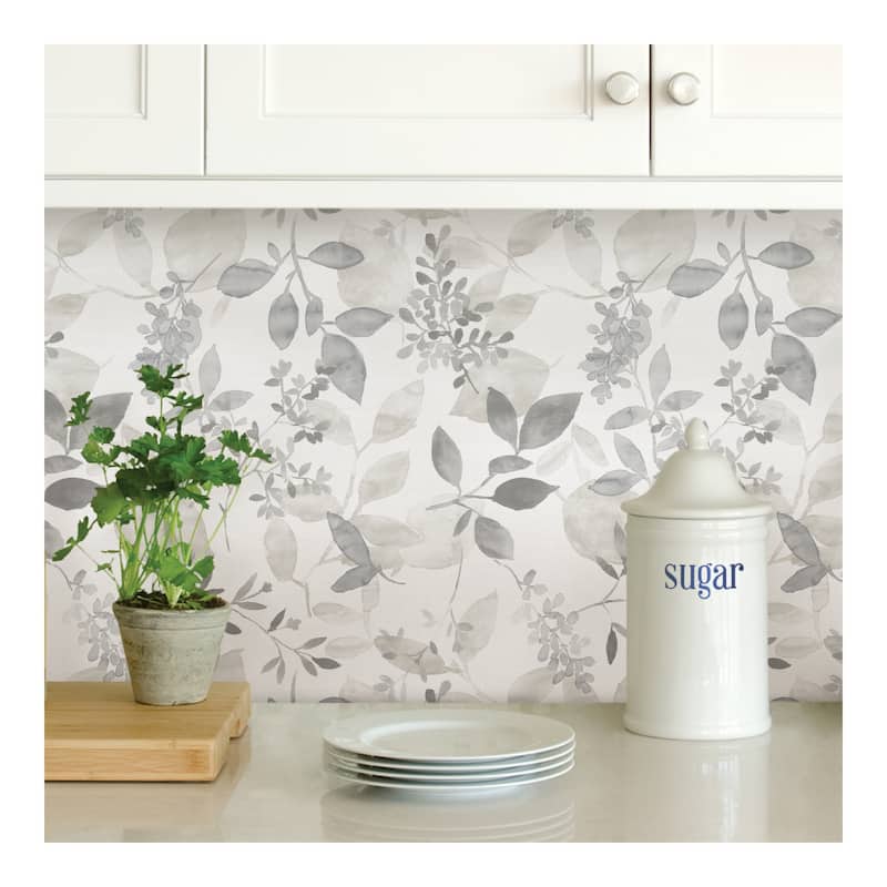 NuWallpaper Grey Breezy Watercolor Botanical Nature Peel and Stick Wallpaper - 216in x 20.5in x 0.025in