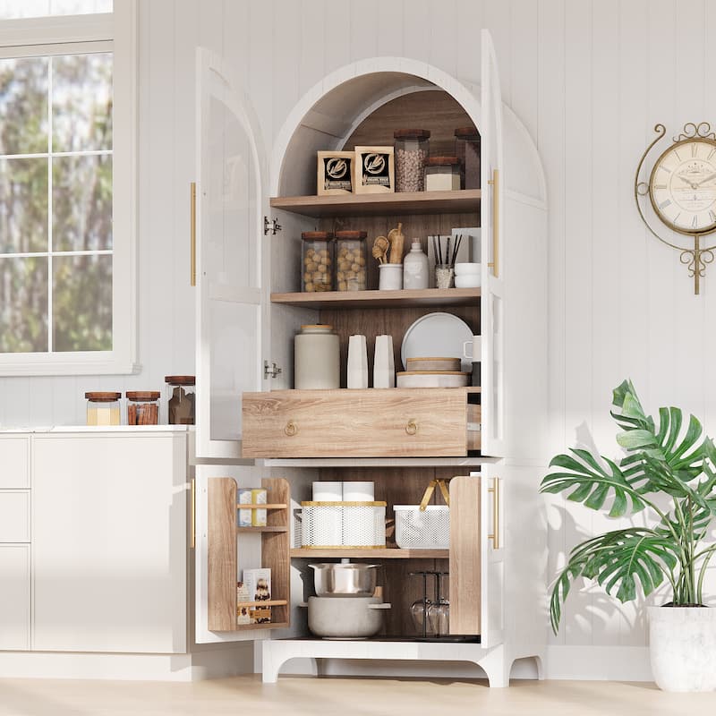 71" Tall Arched Kitchen Pantry Cabinet ,Farmhouse Kitchen Storage Cabinet with Adjustable Shelves, Drawer & Glass Door, Cupboard - White Style A