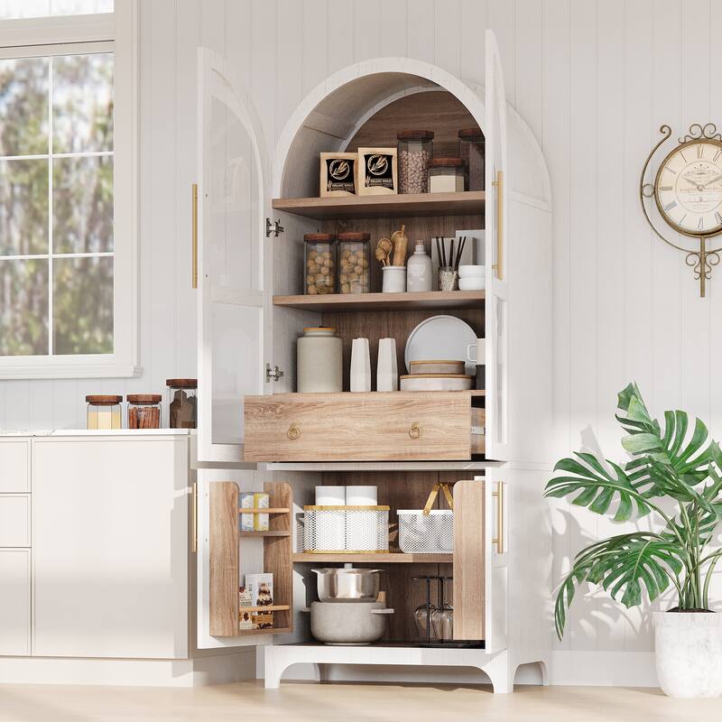 71" Tall Arched Kitchen Pantry Cabinet with Door Shelves - White