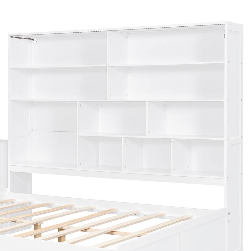 Modern Storage Bed Frame with 3 Drawers, All-in-One Bookshelf, Desk, Full Size Daybed with Wood Slats Support for Bedroom