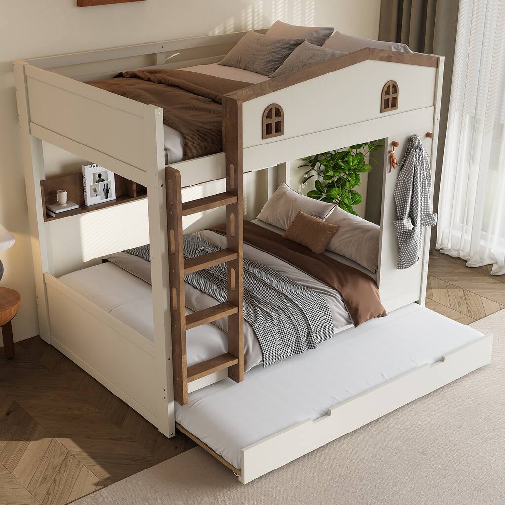 Full over Full Bunk Bed with Trundle and Storage Shelves, Solid Wood Bunk Beds with hooks, No Box Spring Needed
