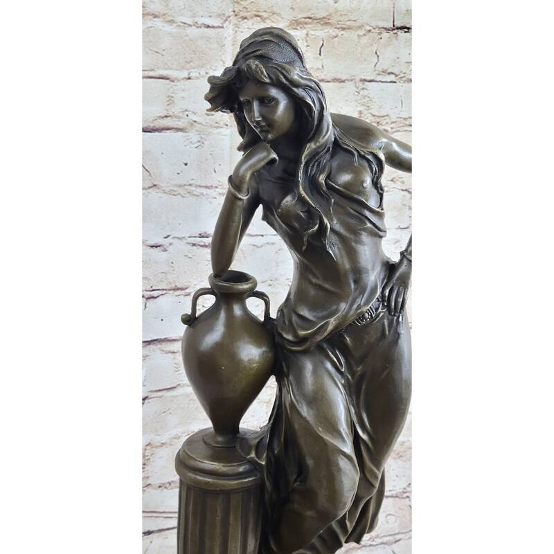 Signed Beautiful Maiden Ponders Leaning Against Vase Bronze Figurine Sculpture