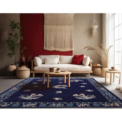 Navy Chinese Art Deco New Zealand Wool Hand Tufted Multi Size Oriental Area Rug LoomBloom