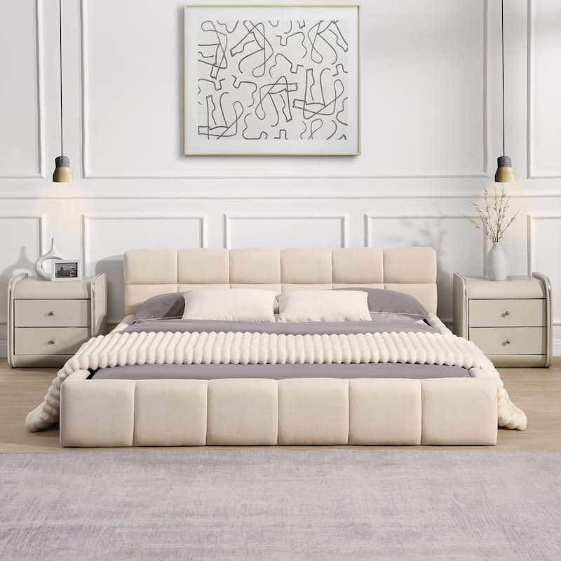 Elegant Beige Chenille Upholstered Bed with Checkerboard Pattern - Beige - Queen