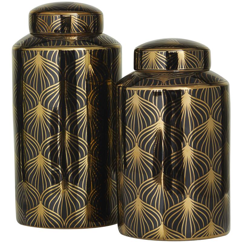 Ceramic Geometric or Floral Living Room Decorative Jars - Set of 2 White, Gold, Silver, Black, Blue - Roche River Decor