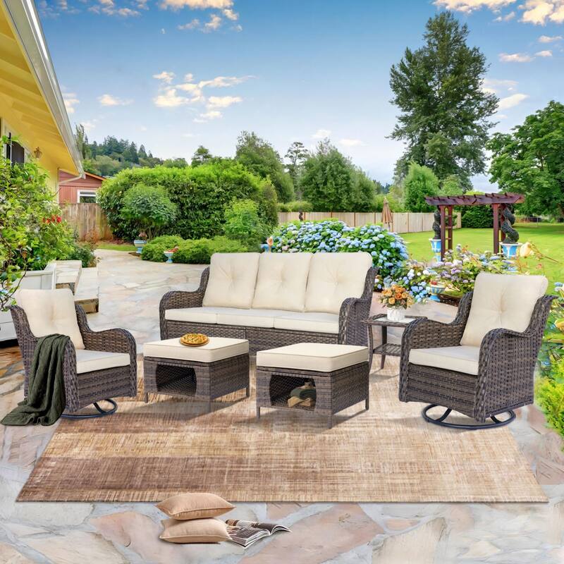 Wicker Patio Furniture Set-Patio Conversation Sets with Swivel Chairs - 6 Piece - Cream/Brown Wicker