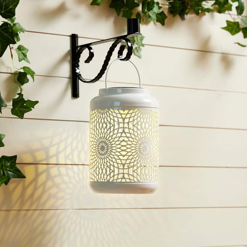 Glitzhome 8.75"H Outdoor Waterproof Metal Solar Hanging Lantern with Flower Leaves Decor