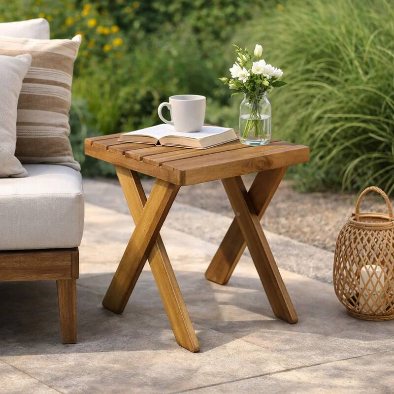 Harley Outdoor Side Table, X Legs, Square 18 Inch Brown Acacia Wood