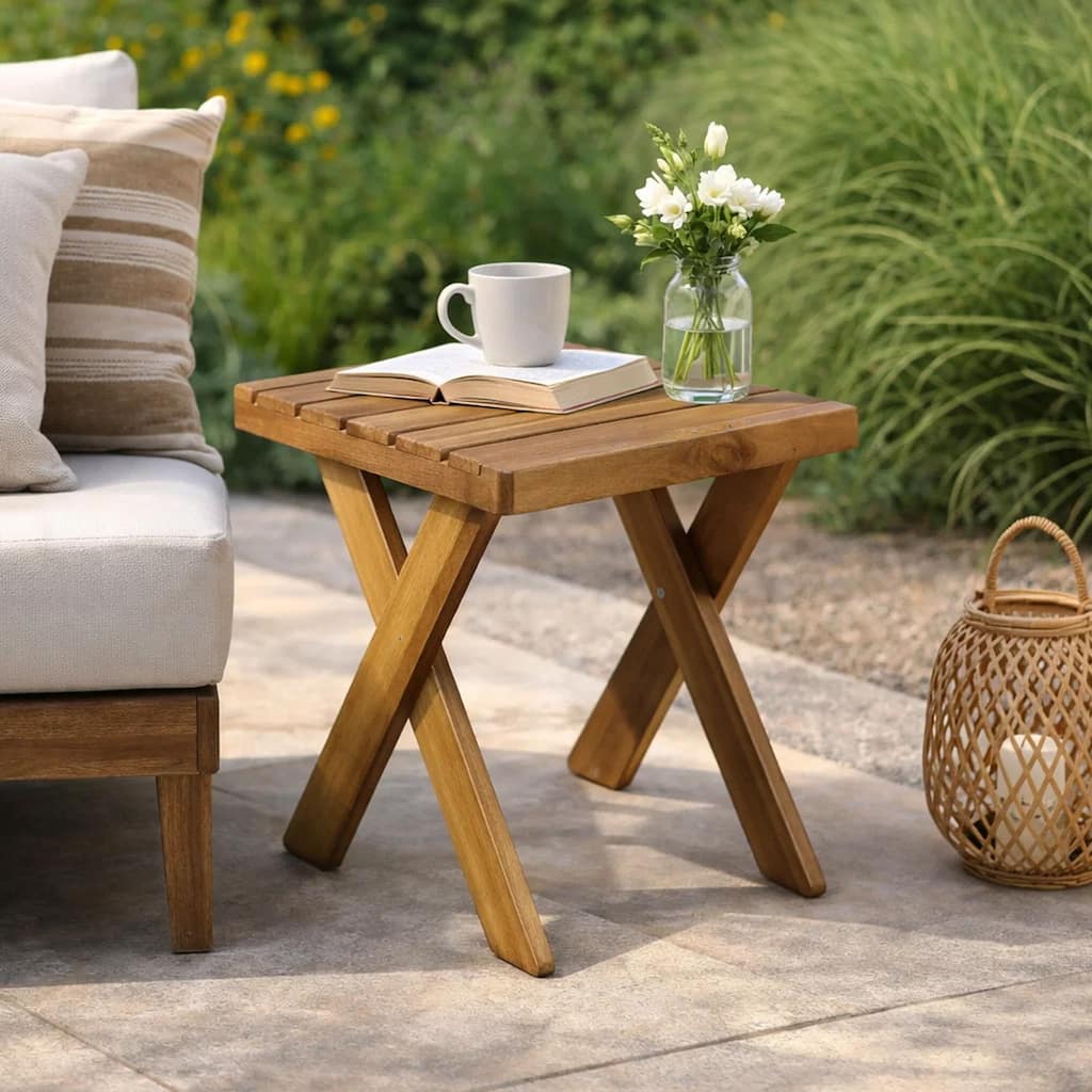 Harley Outdoor Side Table, X Legs, Square 18 Inch Brown Acacia Wood