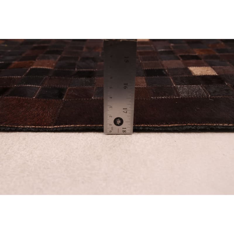 ECARPETGALLERY Handmade Cowhide Patchwork Dark Brown Leather Rug - 8'1 x 10'0
