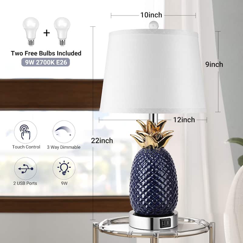22" Pineapple Table Lamps Set of 2, 3 way Dimmable Ceramic Table Lamp, Modern Table Lamp with USB Port,Bulbs Included, 9W