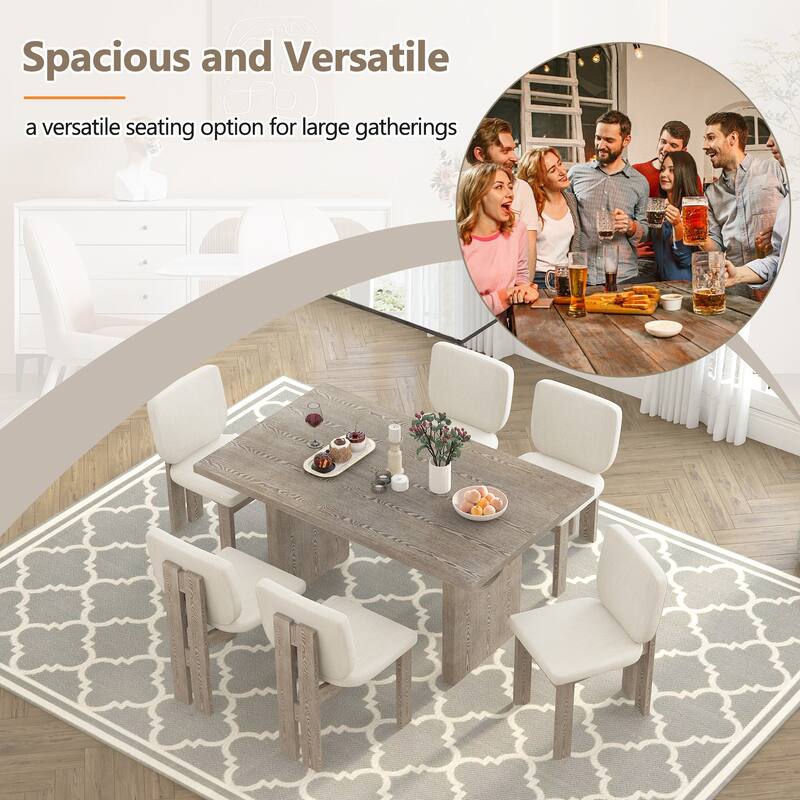 7-Piece Wood Kitchen Dining Table Set, Unique Chair Legs, 1 Rectangular Table with Designed Trestle Base & 6 Upholstered Chairs