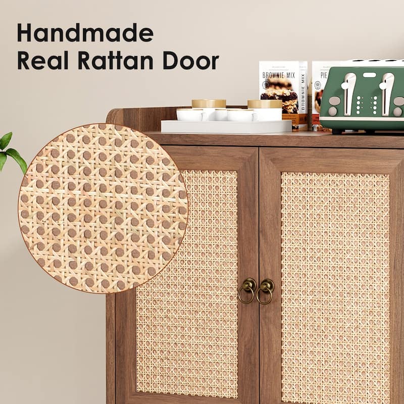 Sideboard Buffet Cabinet with Storage, Bar Liquor Cabinet with Rattan Decorated Doors, Credenza Console Tablefor Dining Room