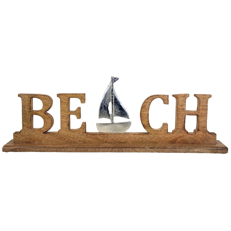 22" Wood Beach Word Figure With Metal Boat Coastal Beach House Decor Decoration - Brown