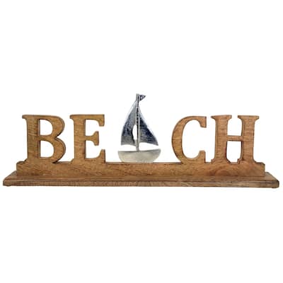 22" Wood Beach Word Figure With Metal Boat Coastal Beach House Decor Decoration - Brown