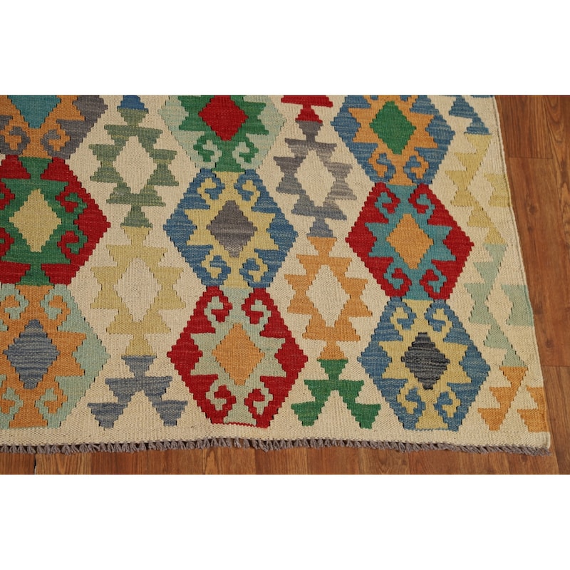 Geometric Beige Kilim Oriental Area Rug Flatweave Wool Carpet - 8'5" x 10'3"