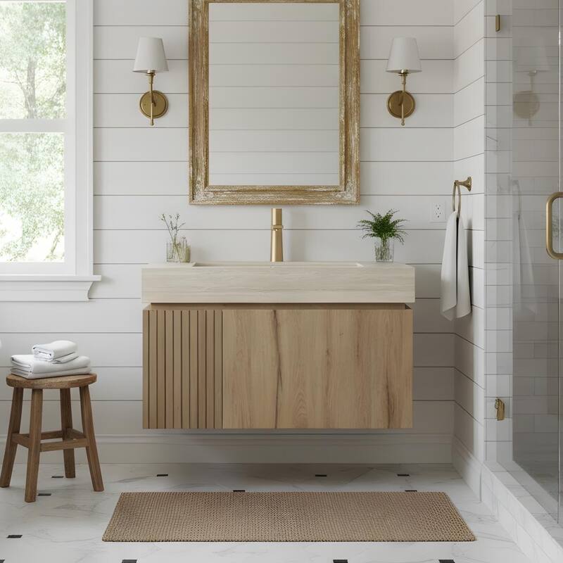 Mondern Floating Bathroom Vanity with 1 Pre-drilled Faucet Holes - 30 - White Oak