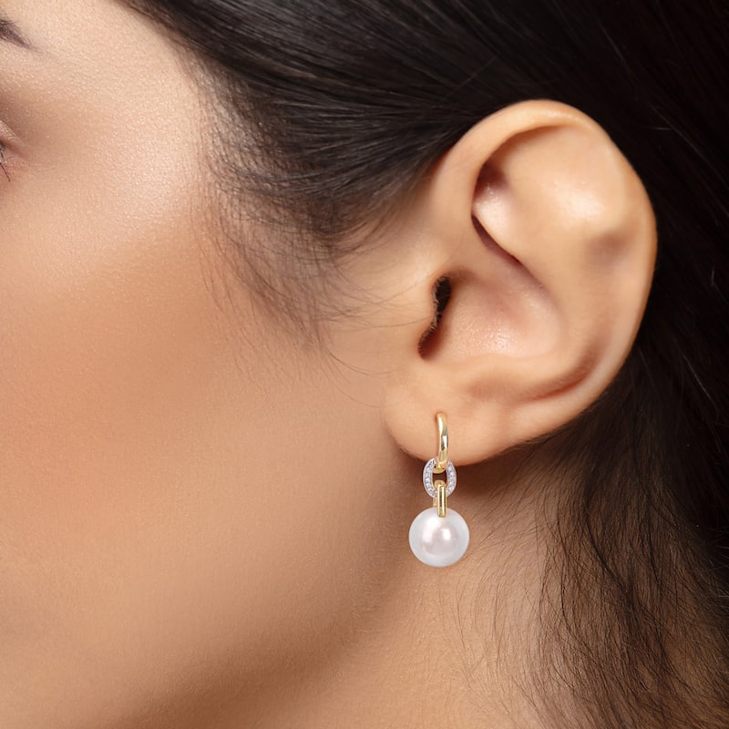 Miadora Freshwater Cultured Pearl & 1/10ct TDW Diamond Dangle Earrings in 14k White and Yellow Gold