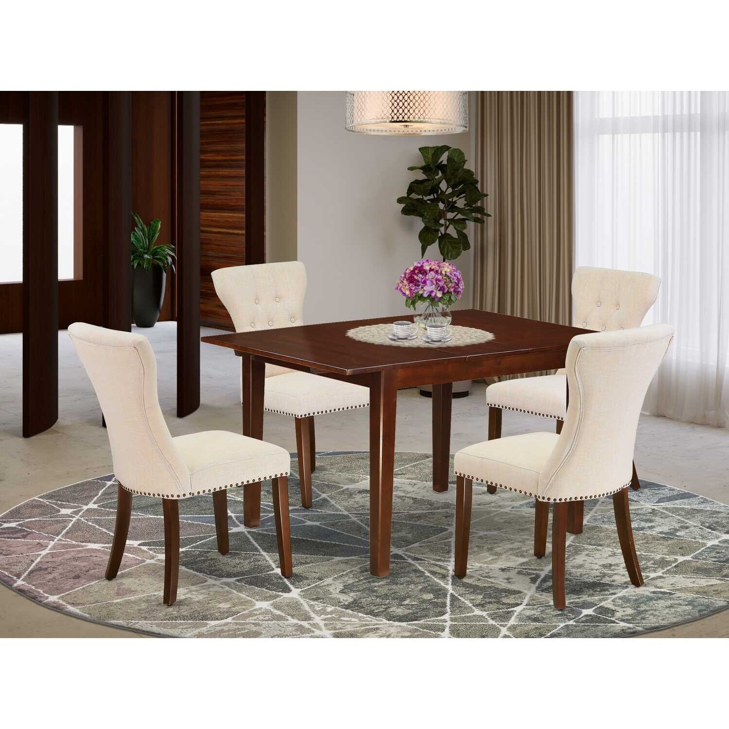 5-Piece Mahogany Finish Solid Wood Top - Rectangular Button Tufted Dining Room Set - Seats 4