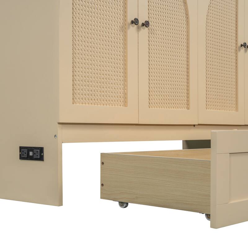Modern Queen Murphy Bed with Storage Drawers & USB Port, Stylish Rattan Finish for Apartments or Multifunctional Rooms