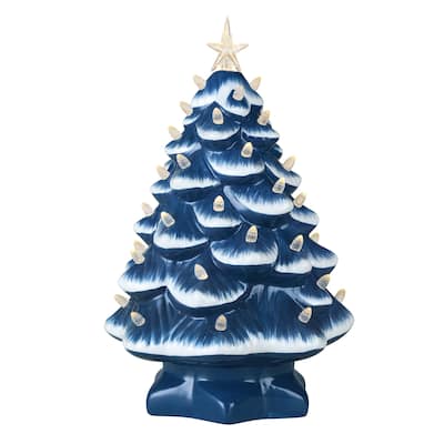 14 in. Nostalgic Ceramic Tree - Blue with White Bulbs