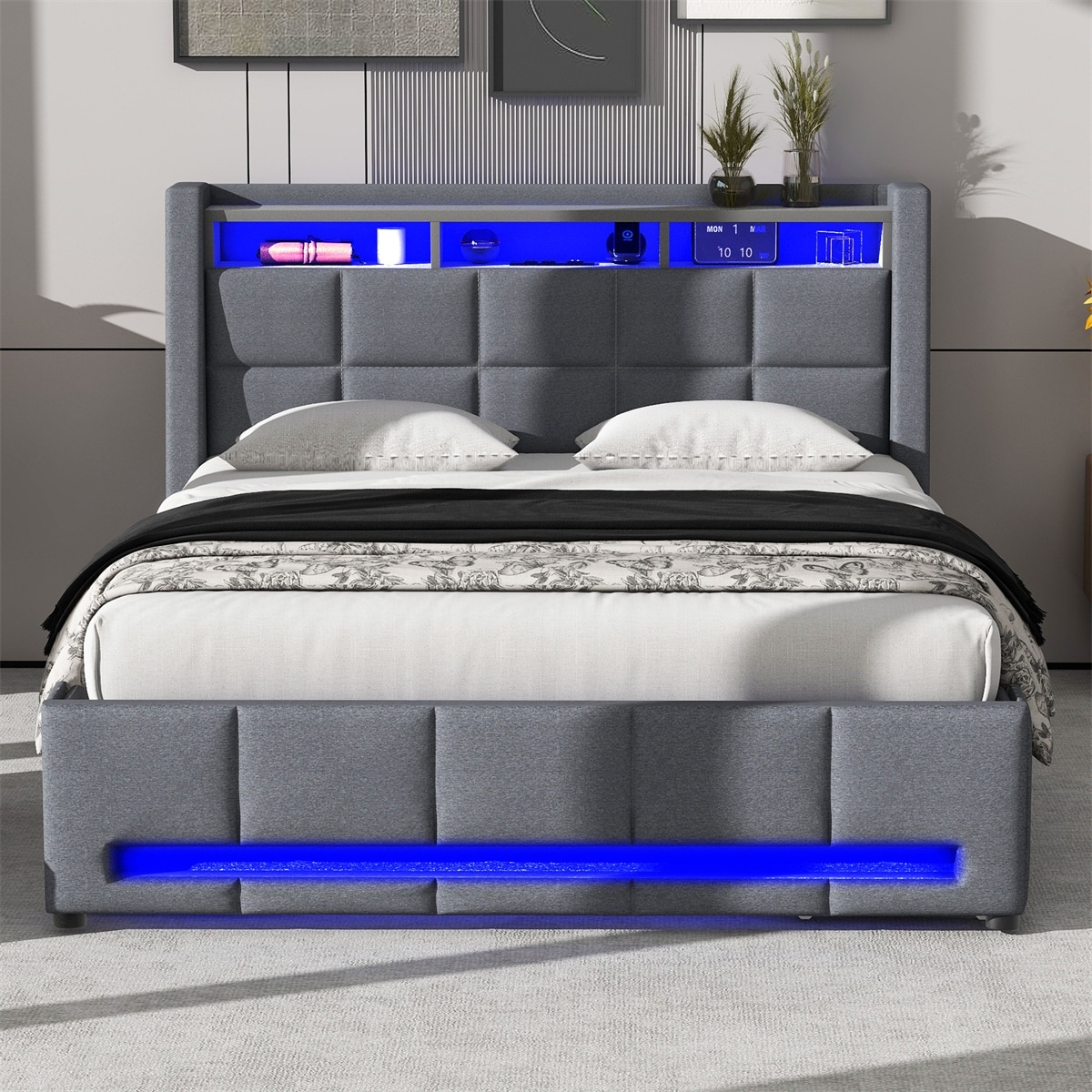 Full Size Upholstered Platform Bed w/ Storage Headboard, USB Charging