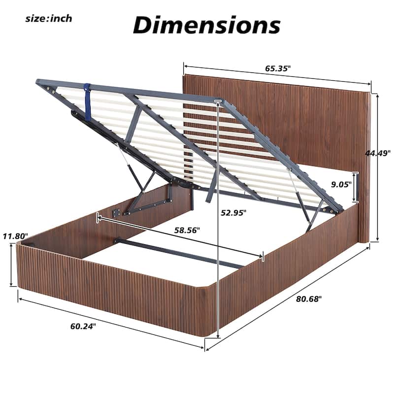 Lift Up Storage Platform Bed with Hydraulic Mechanism, Curved Corrugated Wooden Panels, No Box Spring Required