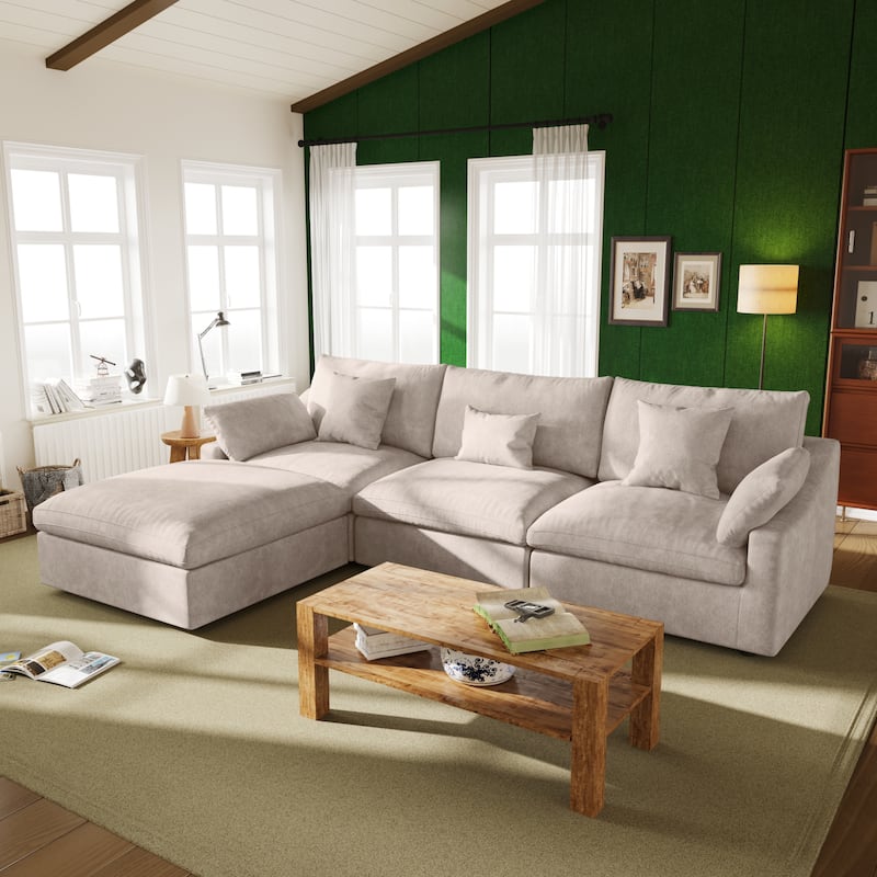 119'' L-shape Linen Fabric Upholstered Sectional Sofas with Ottoman - Khaki