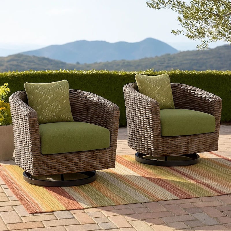 Izon Outdoor Swivel Lounge Chair, Green Polyester, Brown Black Woven