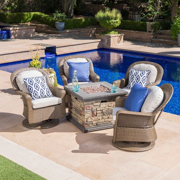 Shop Black Friday Deals On Alhambra Outdoor 5 Piece Wicker Swivel Seating Set With Cushions Stone Fire Table By Christopher Knight Home Overstock 17904596