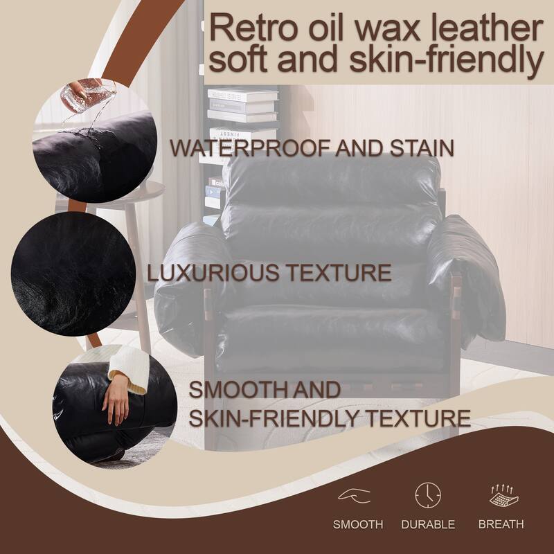 Lounge Chair Oil Wax Leather Sofa Chair with Removable Armrests, Rubber Wood Decorative Chair for Living Room