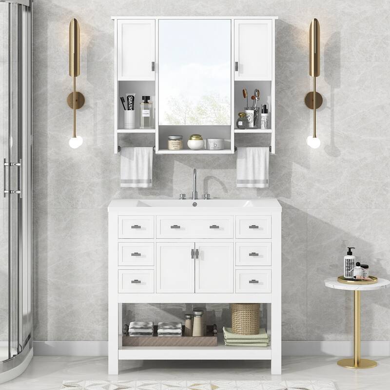 Bathroom Furniture Set of 2 - Vanity Cabinet with 6 Drawers and Open Shelf, Mirror Cabinet with 2 Towels Bars and 3 Open Shelves