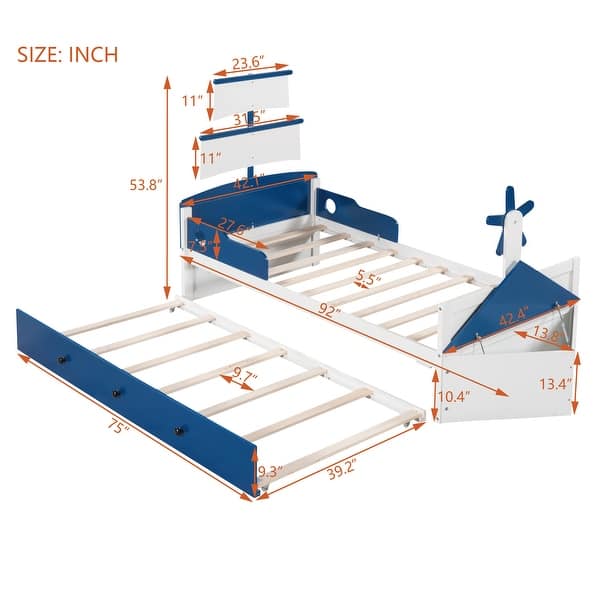 dimension image slide 1 of 4, Cool Theme Bed Twin Size Boat-Shaped Platform Bed with Twin size Trundle, Kids Bed with Storage for Yours Little Captain
