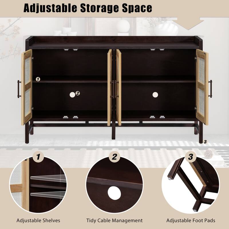 4 Doors Rattan Accent Storage Cabinet Buffet Cabinet, Solid Pine Legs