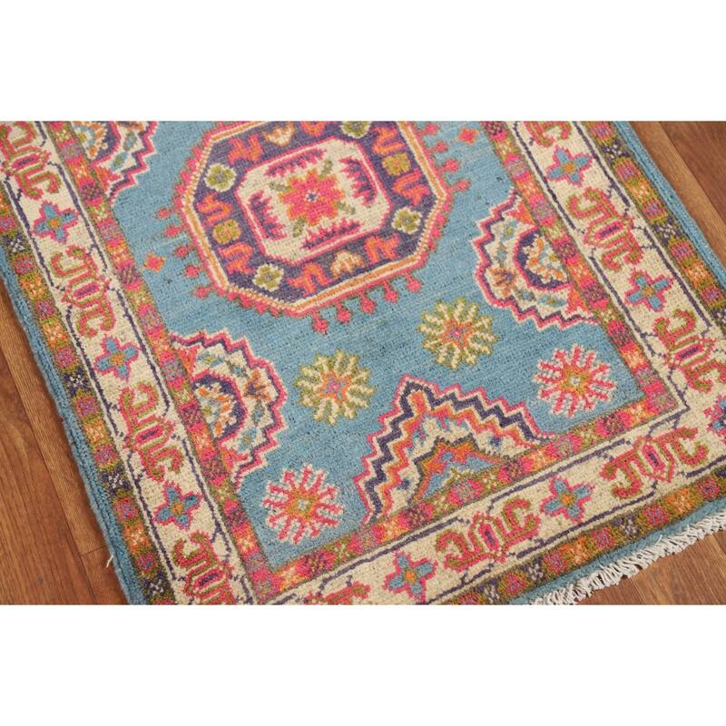 Light Blue Geometric Kazak Foyer Rug Traditional Handmade Wool Carpet - 2'0" x 3'0"