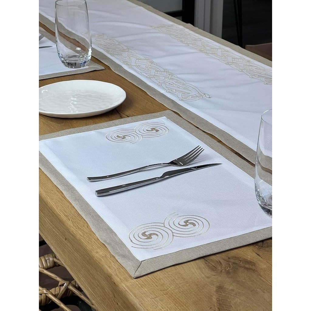 12" x 18" Set of 2 White Polyester Embroidered Celtic Spiral Placemats with Wrinkle Resistant - 12”W x 18”L